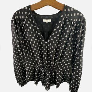 Joie Chiana Silk Peplum Top Womens S Black Long Sleeve V-Neck Geometric